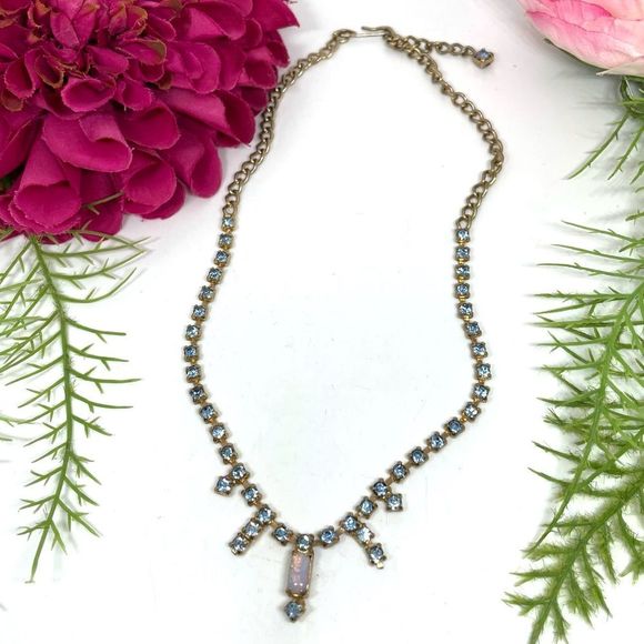 VINTAGE⚜️Gorgeous Aqua Crystal Linked Opal Gem Necklace - Picture 1 of 9